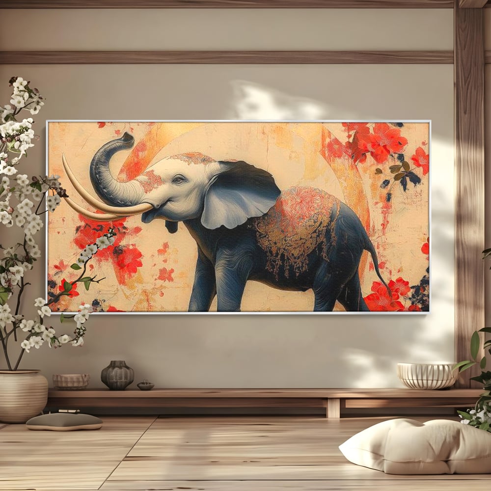 Tablou canvas cu tablou canvas cu elefant albastru, in rama de aluminiu argintiu